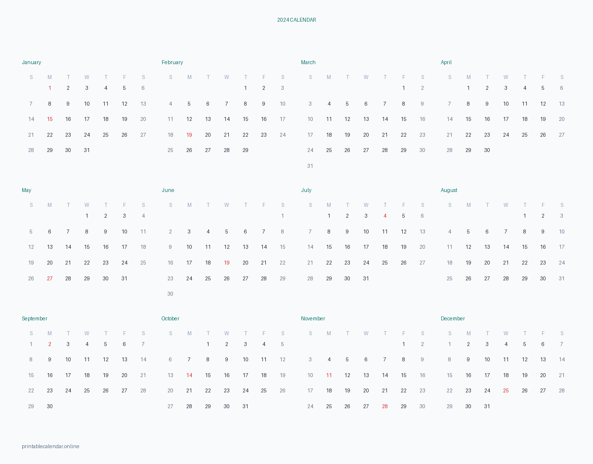 2024 yearly calendar with US federal holidays, printable