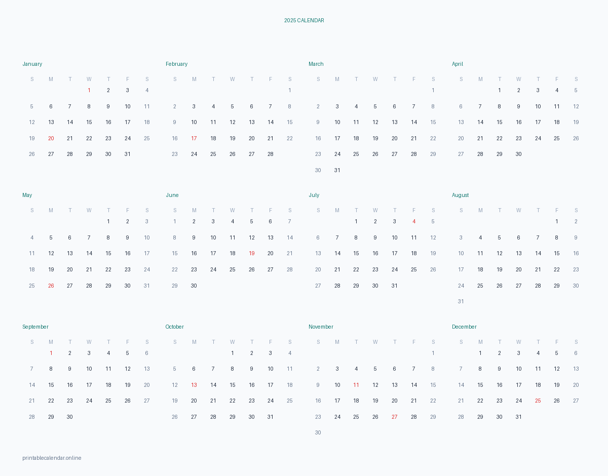 2025 yearly calendar with US federal holidays, printable