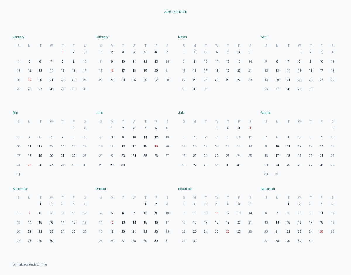 2026 yearly calendar with US federal holidays, printable