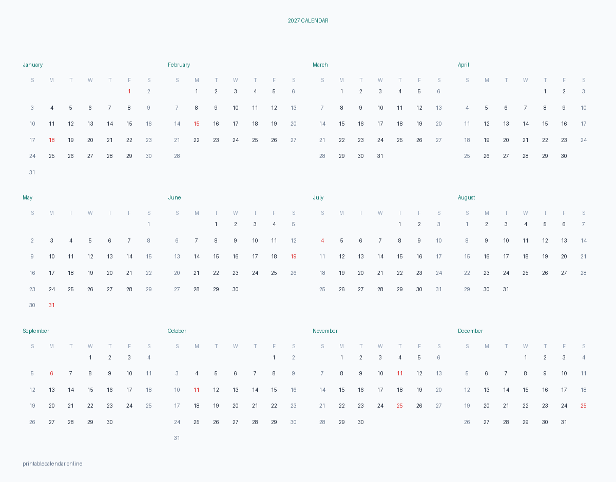 2027 yearly calendar with US federal holidays, printable