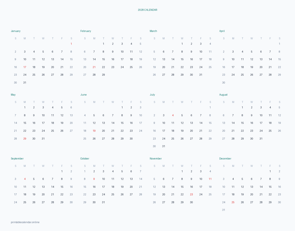 2028 yearly calendar with US federal holidays, printable