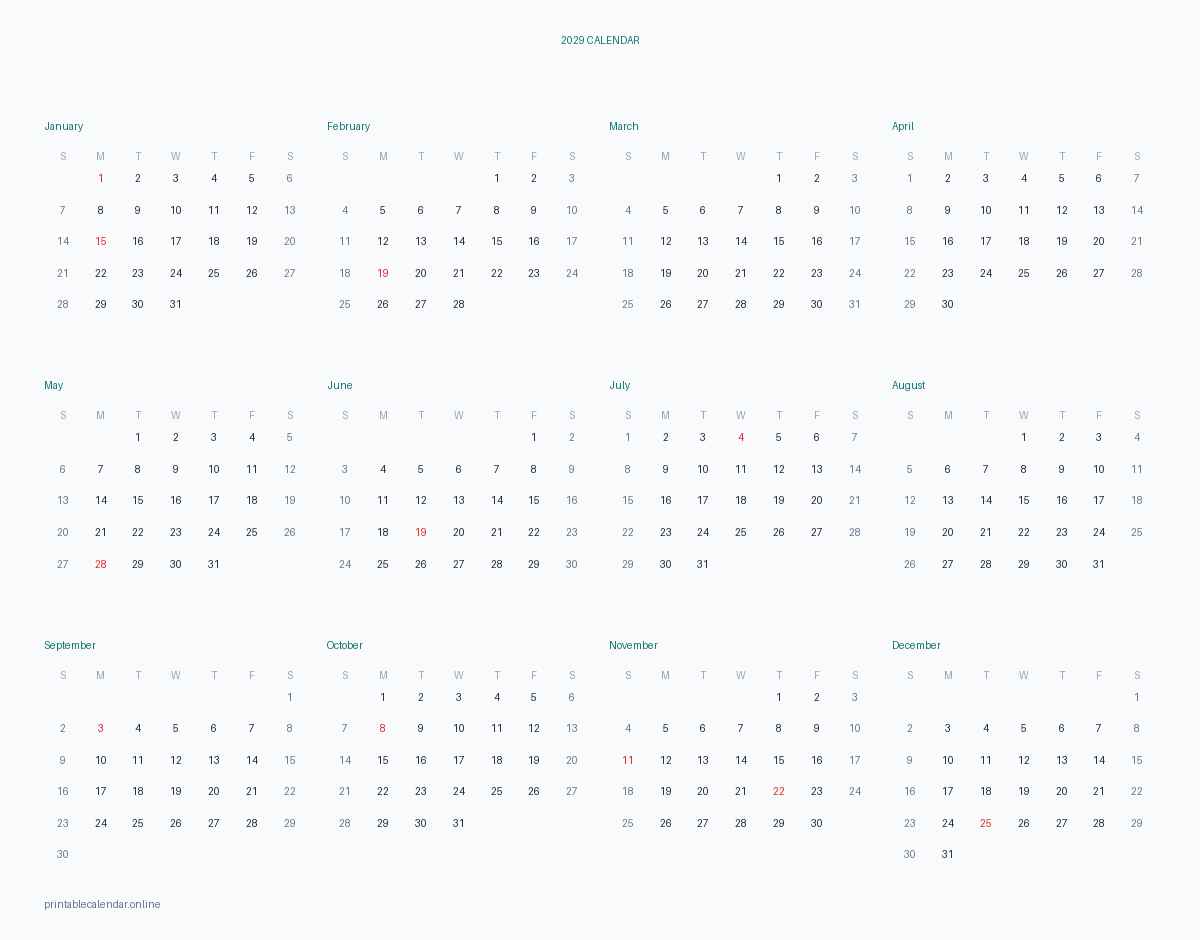 2029 yearly calendar with US federal holidays, printable