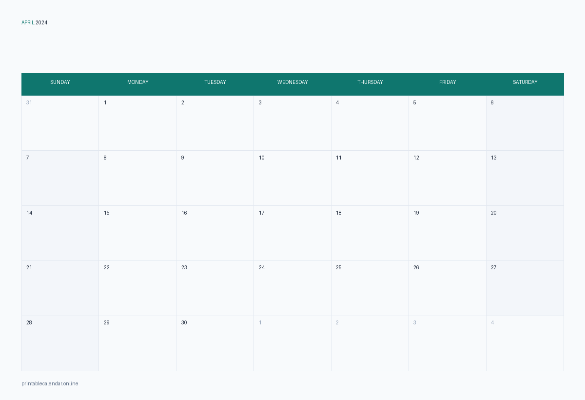 April 2024 calendar with US holidays, printable