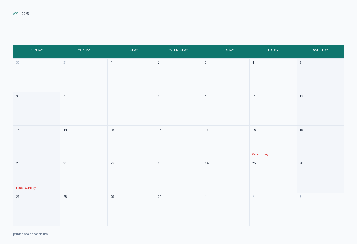 April 2025 calendar with US holidays, printable