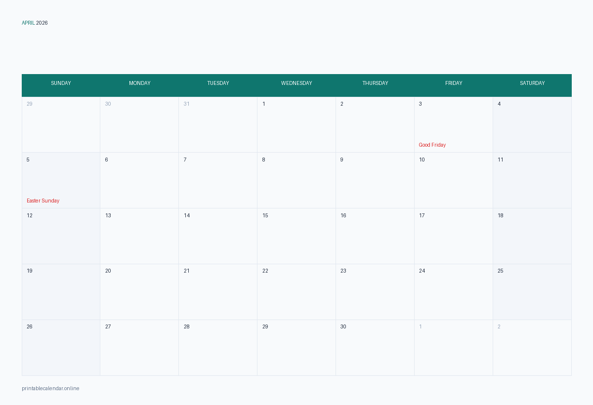 April 2026 calendar with US holidays, printable