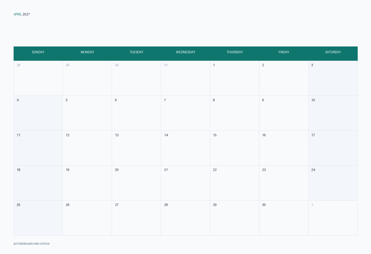 April 2027 calendar with US holidays, printable