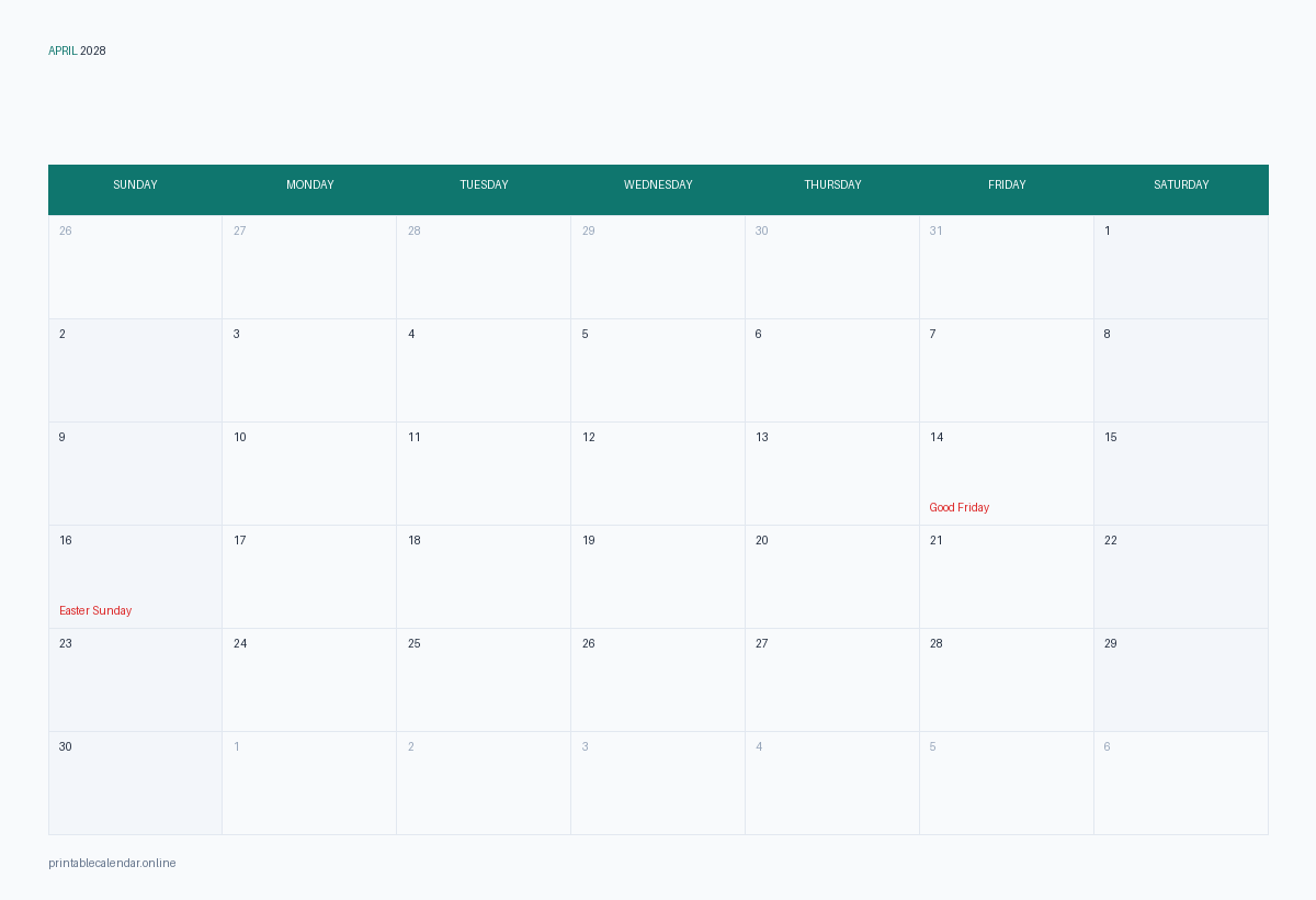 April 2028 calendar with US holidays, printable