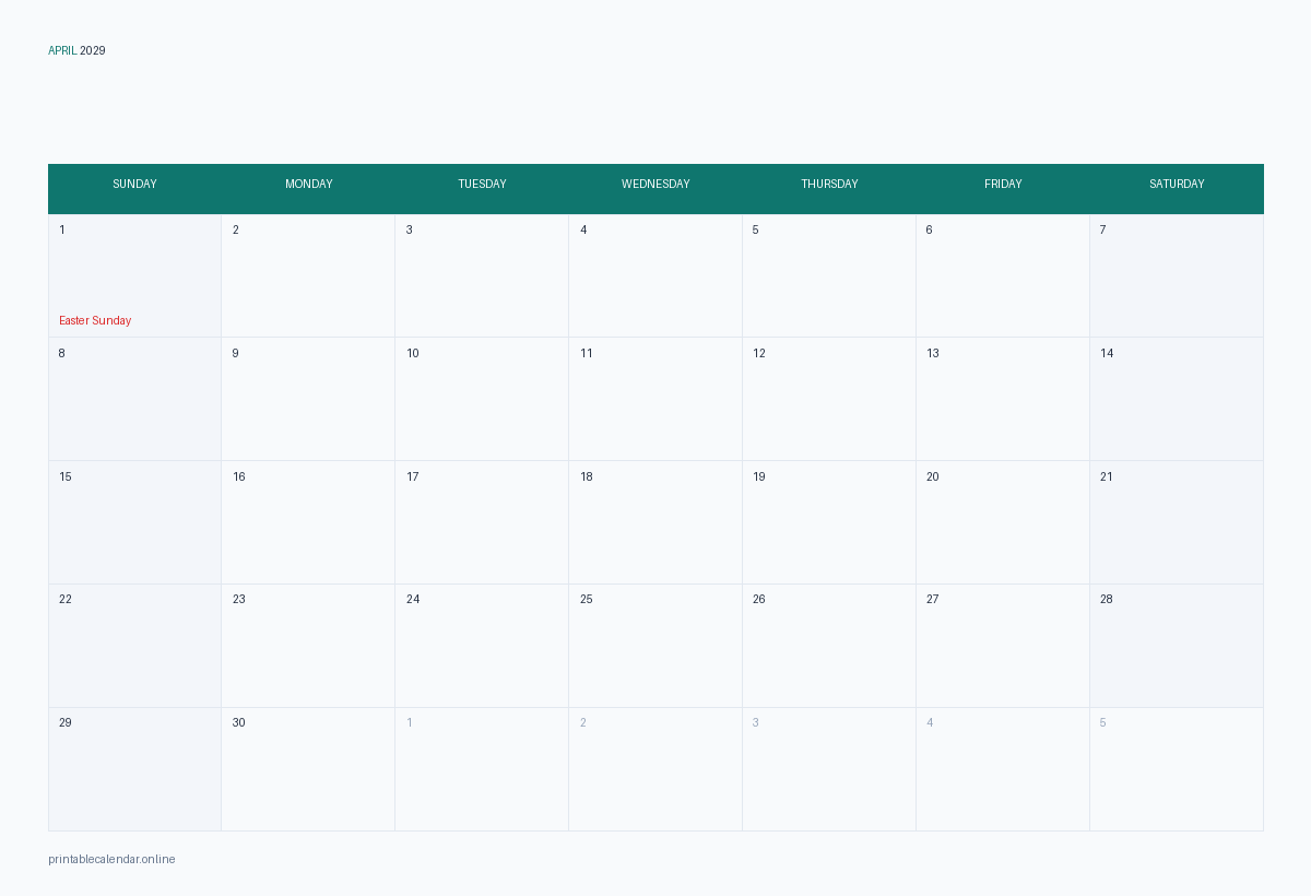 April 2029 calendar with US holidays, printable