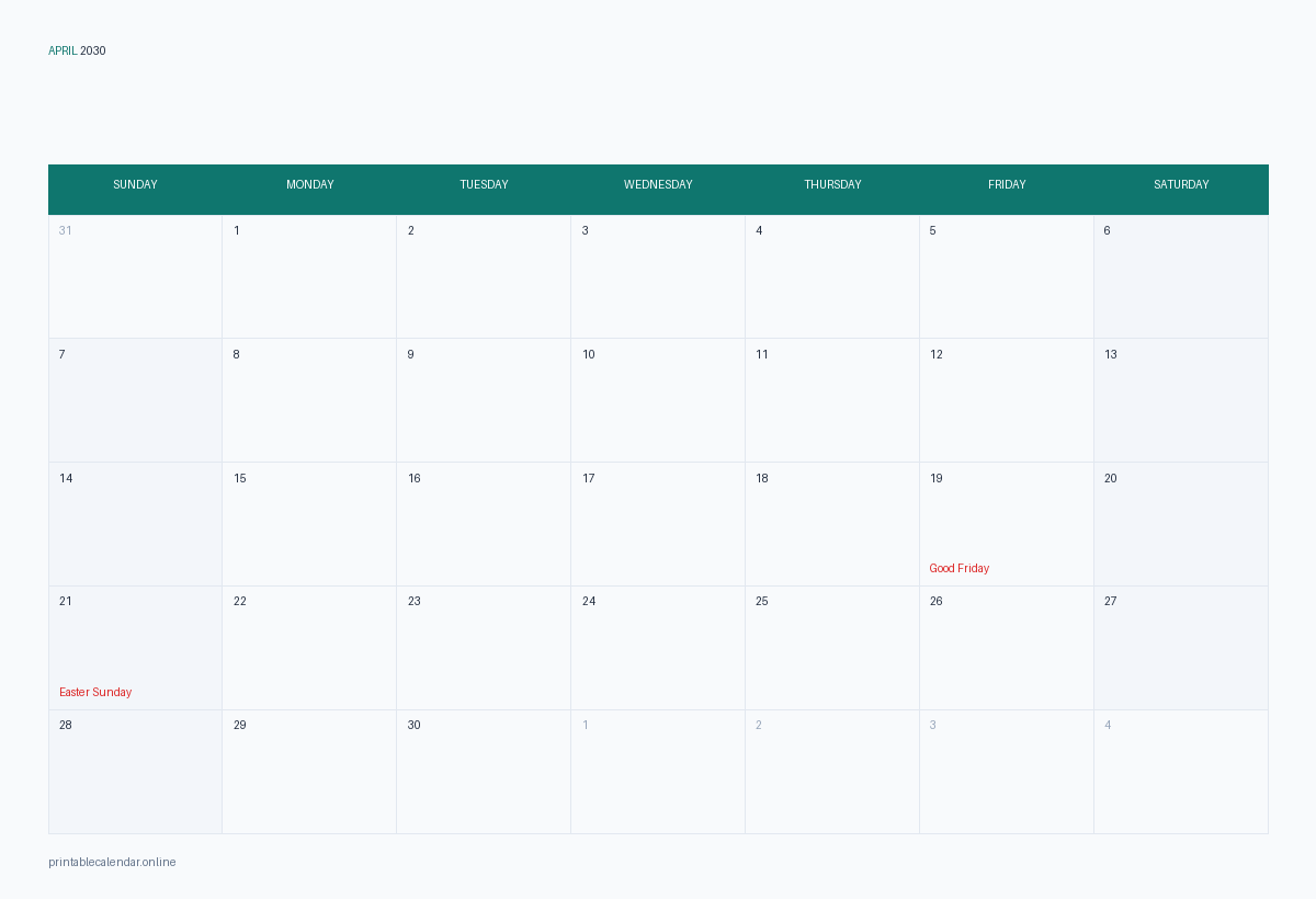 April 2030 calendar with US holidays, printable