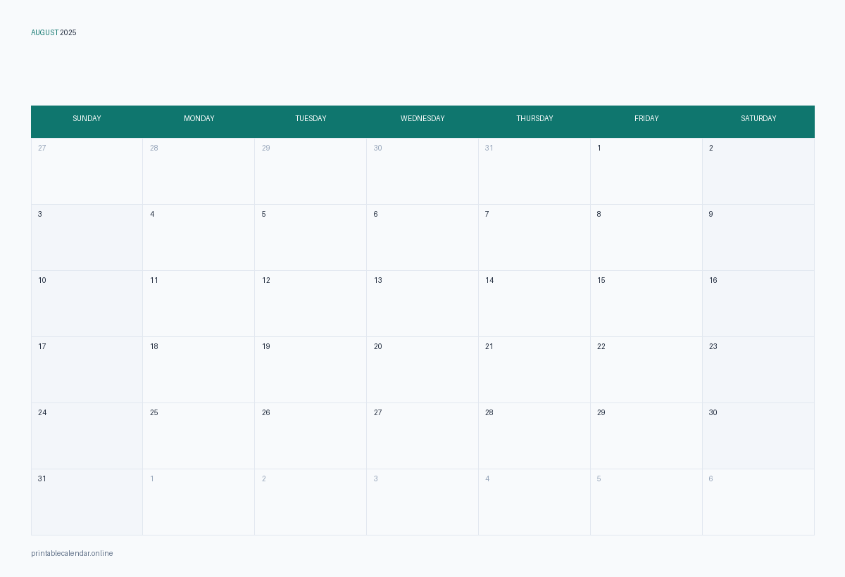 August 2025 calendar with US holidays, printable
