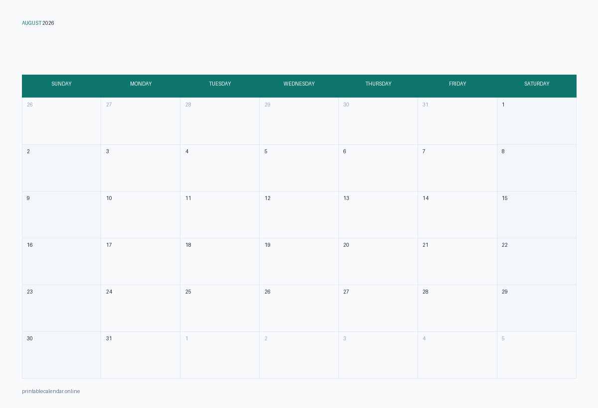 August 2026 calendar with US holidays, printable