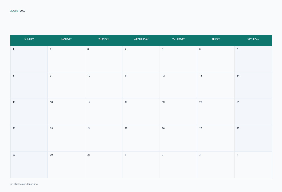 August 2027 calendar with US holidays, printable