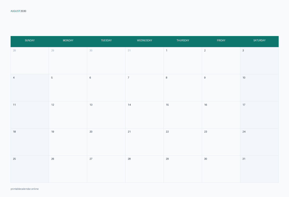 August 2030 calendar with US holidays, printable