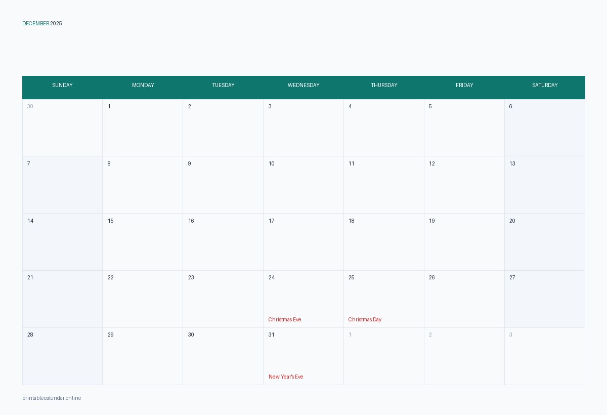 December 2025 calendar with US holidays, printable