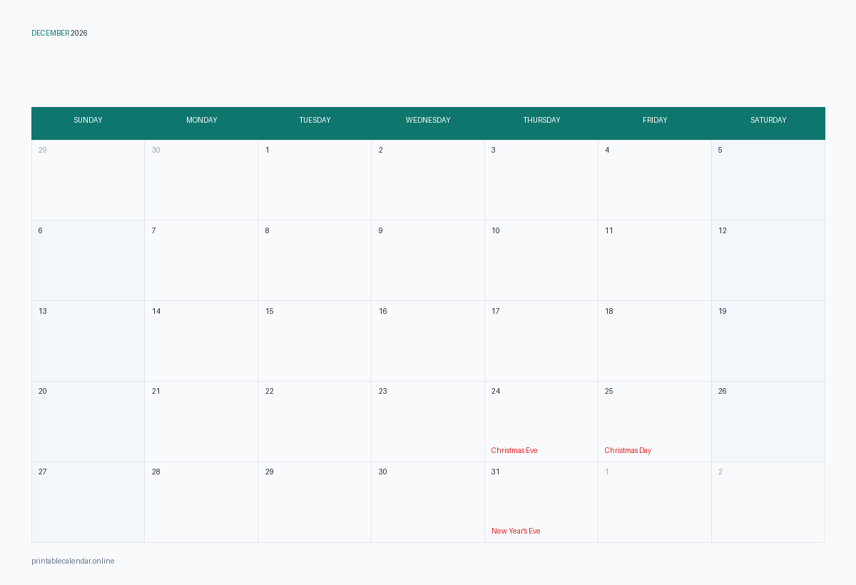 December 2026 calendar with US holidays, printable