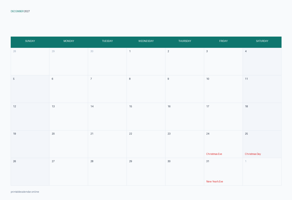 December 2027 calendar with US holidays, printable