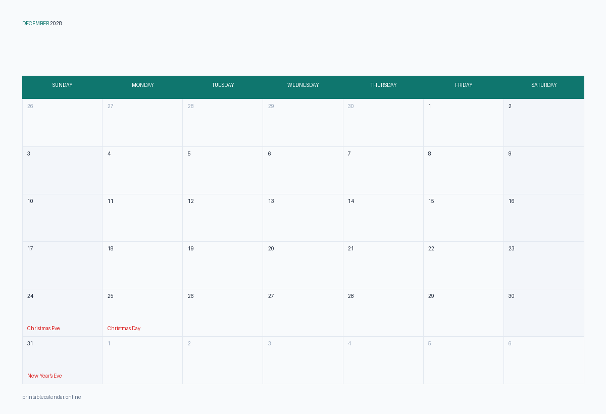 December 2028 calendar with US holidays, printable