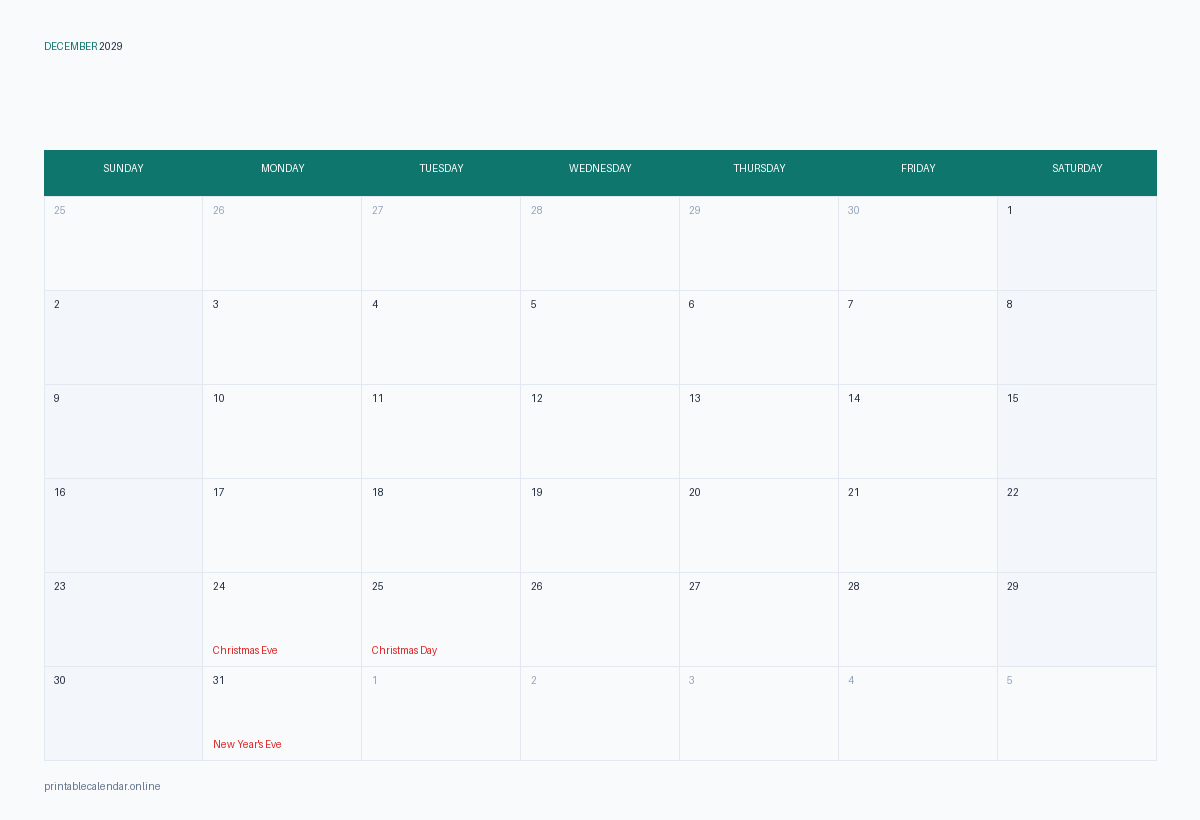 December 2029 calendar with US holidays, printable