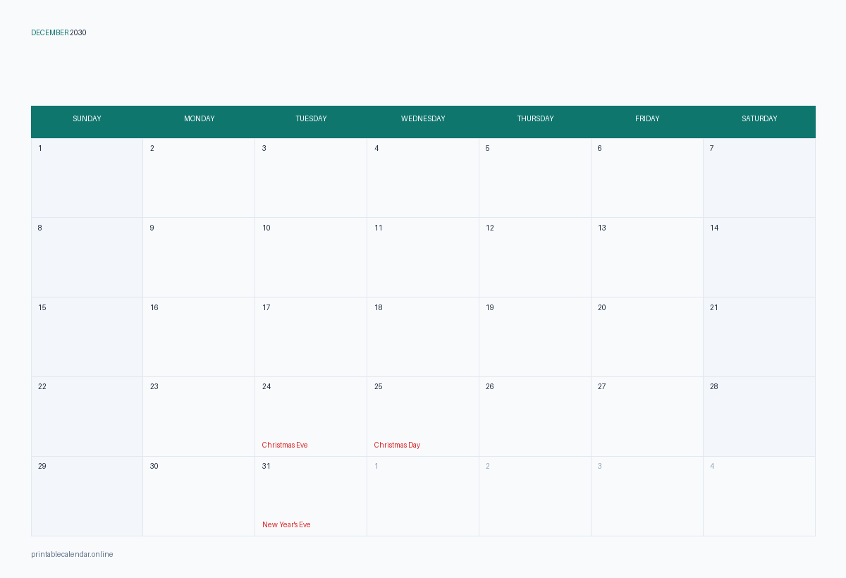 December 2030 calendar with US holidays, printable