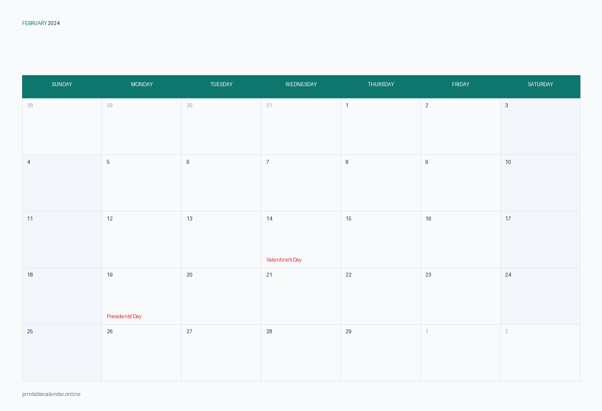 February 2024 calendar with US holidays, printable