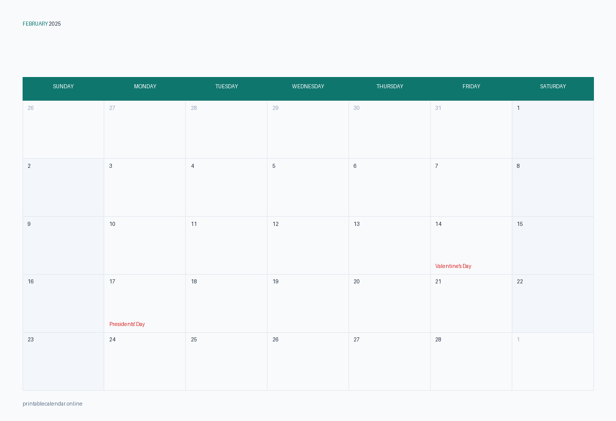 February 2025 calendar with US holidays, printable