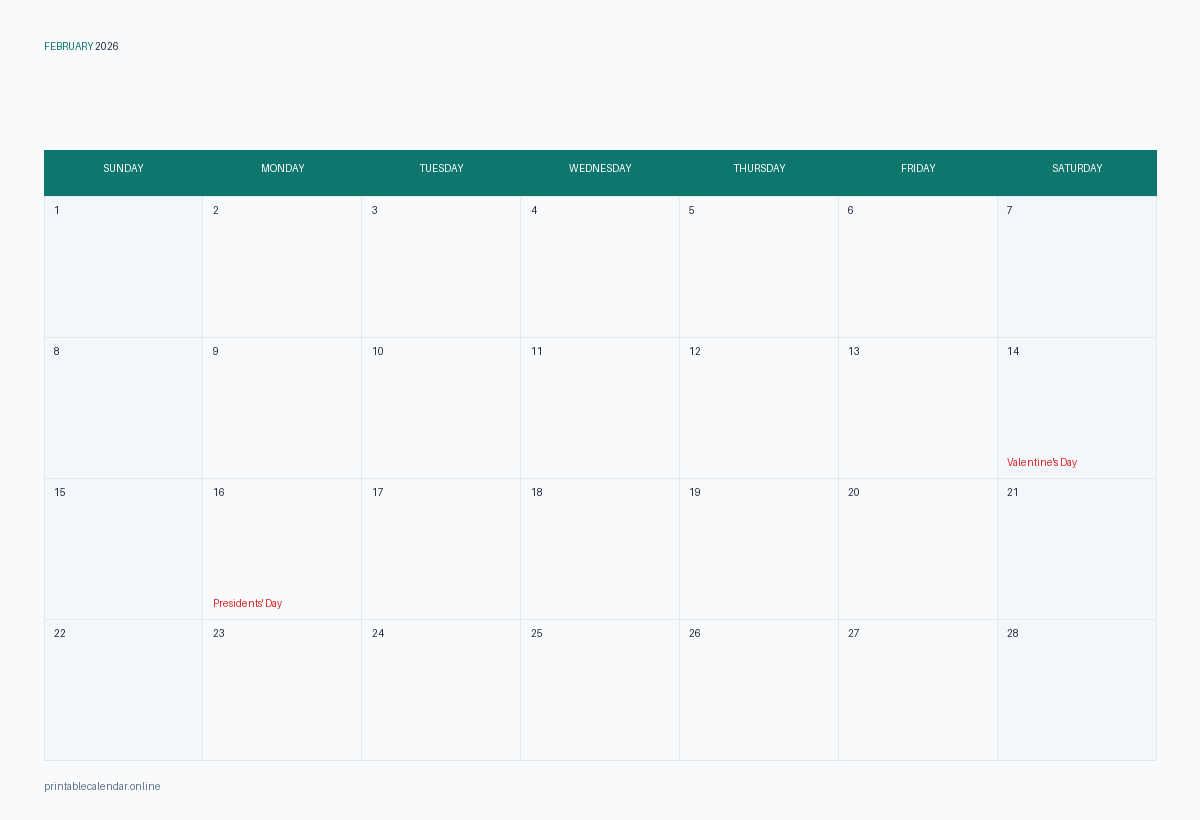 February 2026 calendar with US holidays, printable