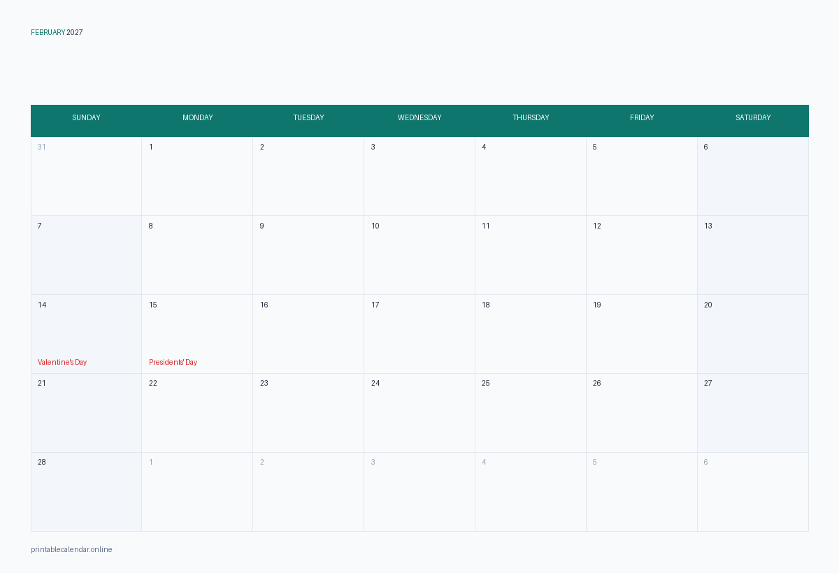 February 2027 calendar with US holidays, printable