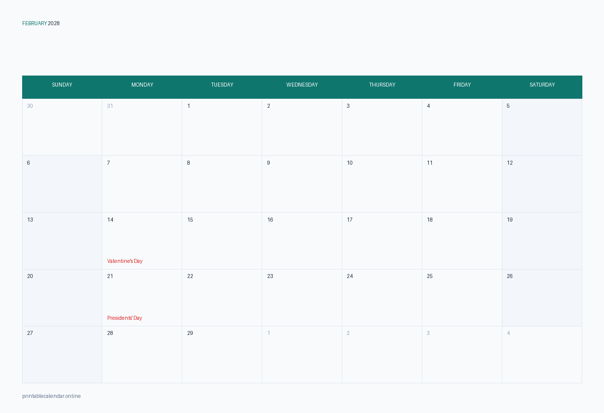 February 2028 calendar with US holidays, printable