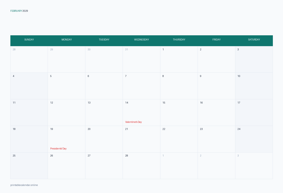 February 2029 calendar with US holidays, printable