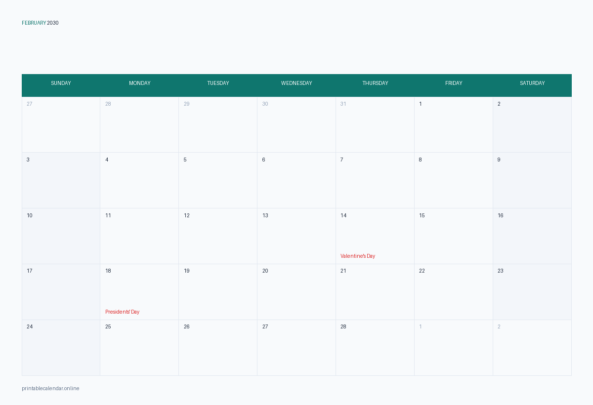 February 2030 calendar with US holidays, printable