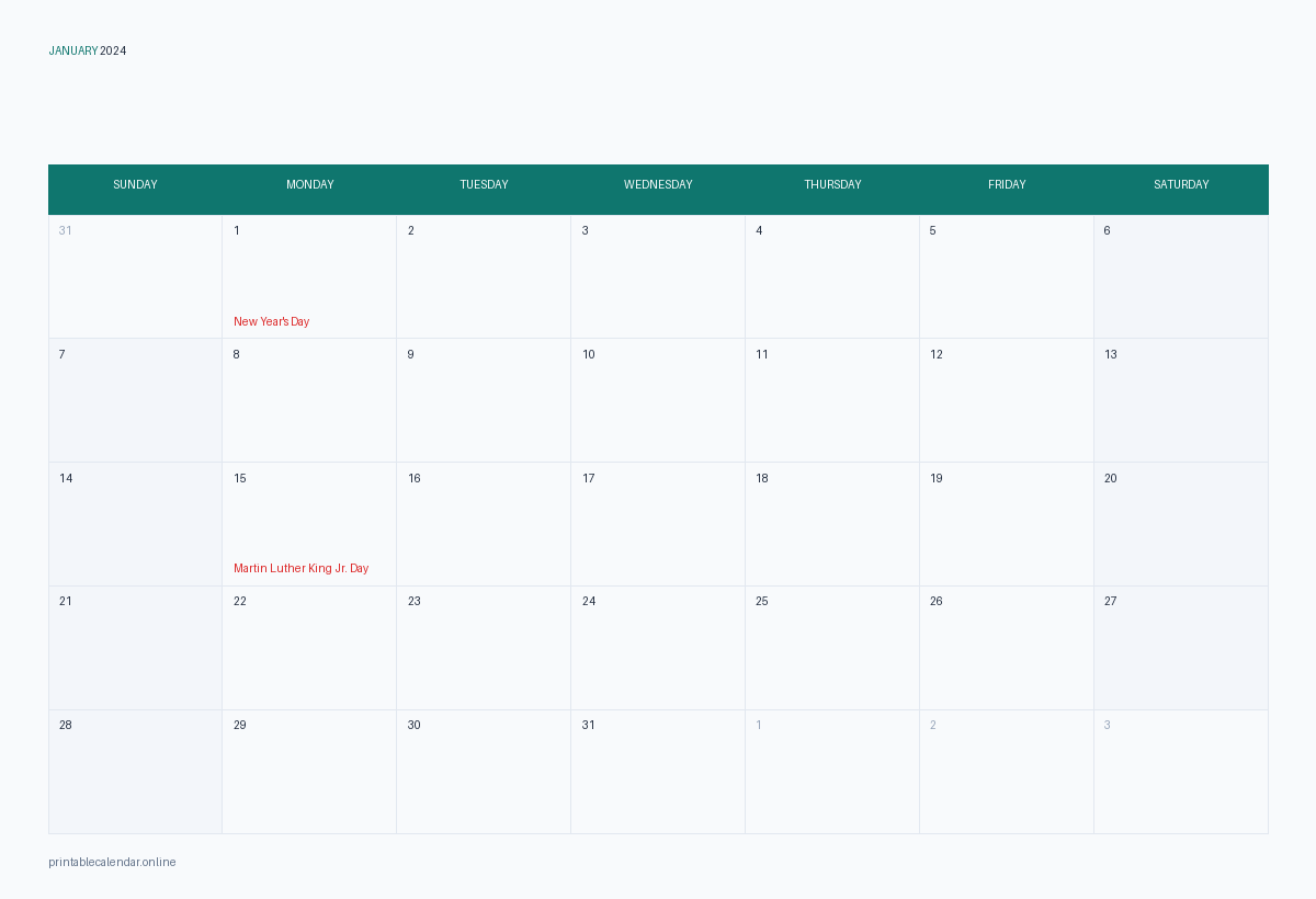 January 2024 calendar with US holidays, printable