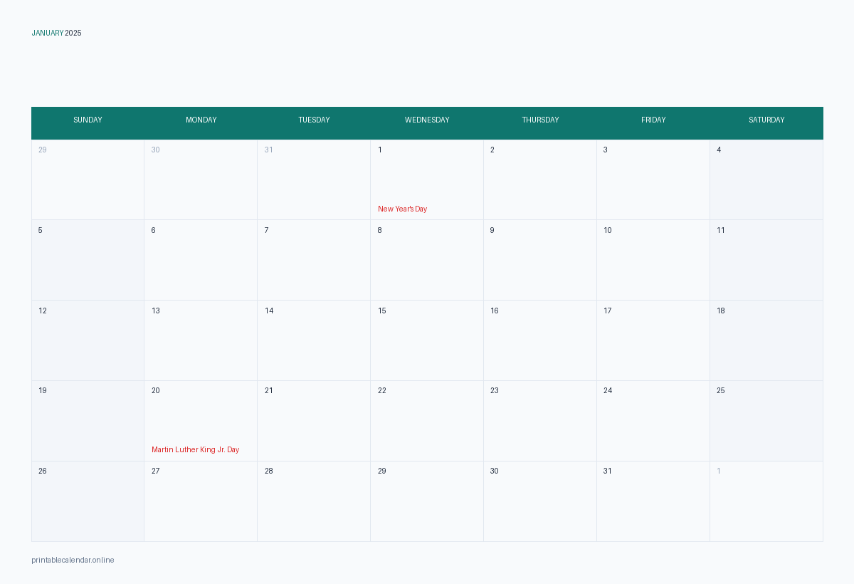 January 2025 calendar with US holidays, printable