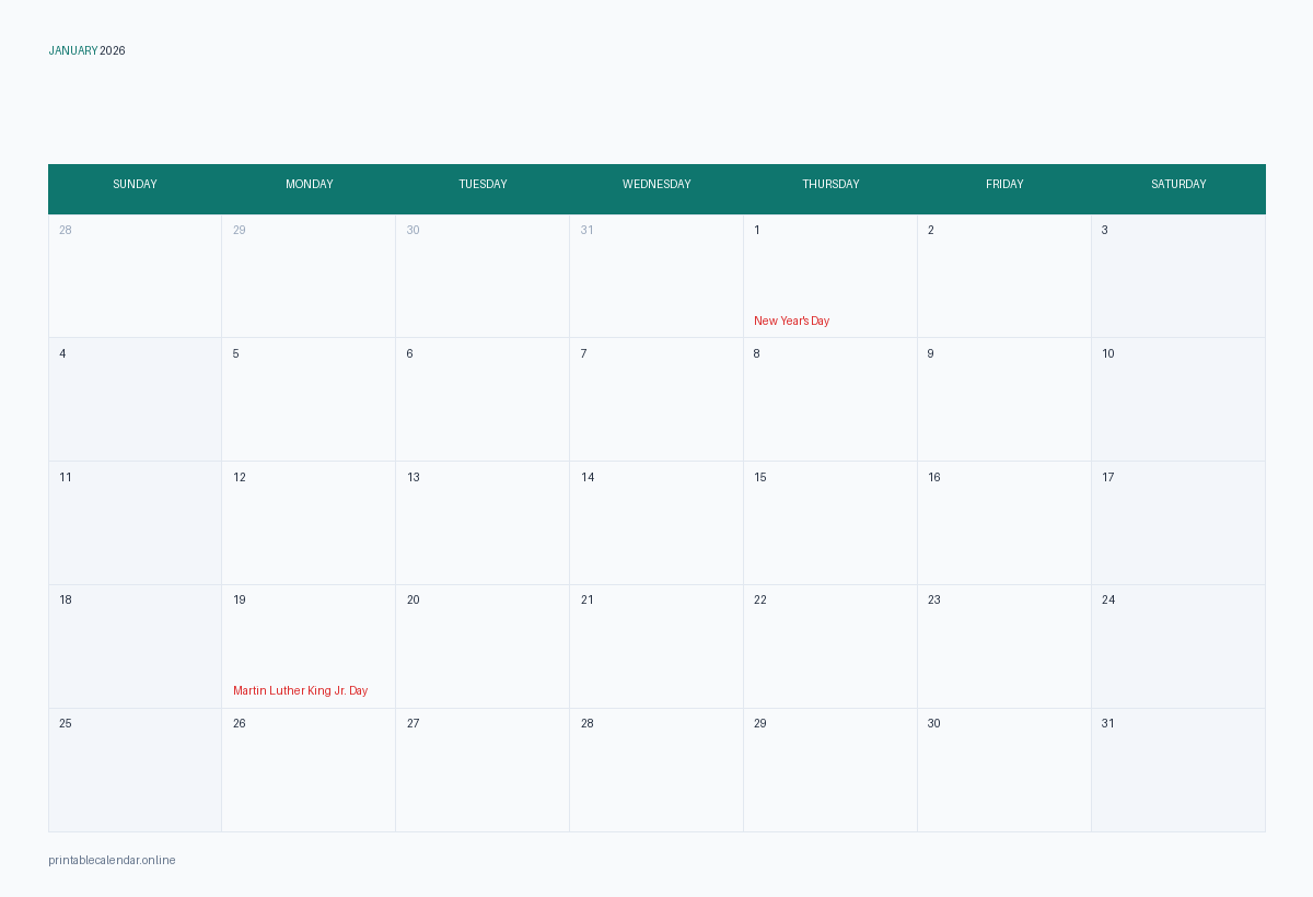 January 2026 calendar with US holidays, printable