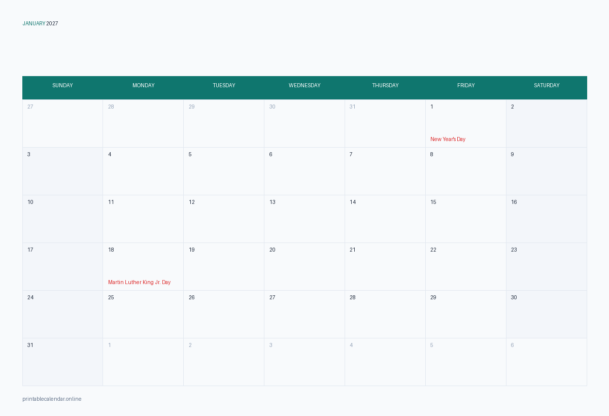 January 2027 calendar with US holidays, printable