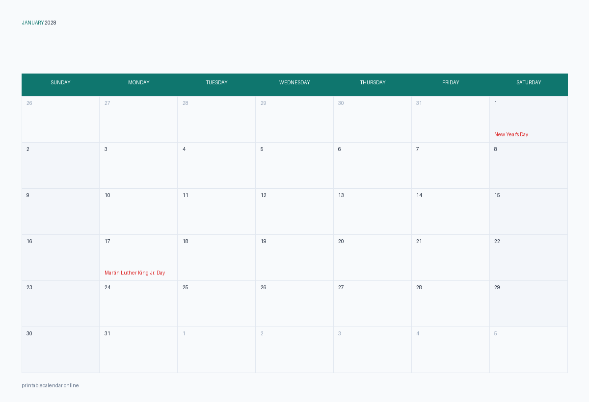 January 2028 calendar with US holidays, printable