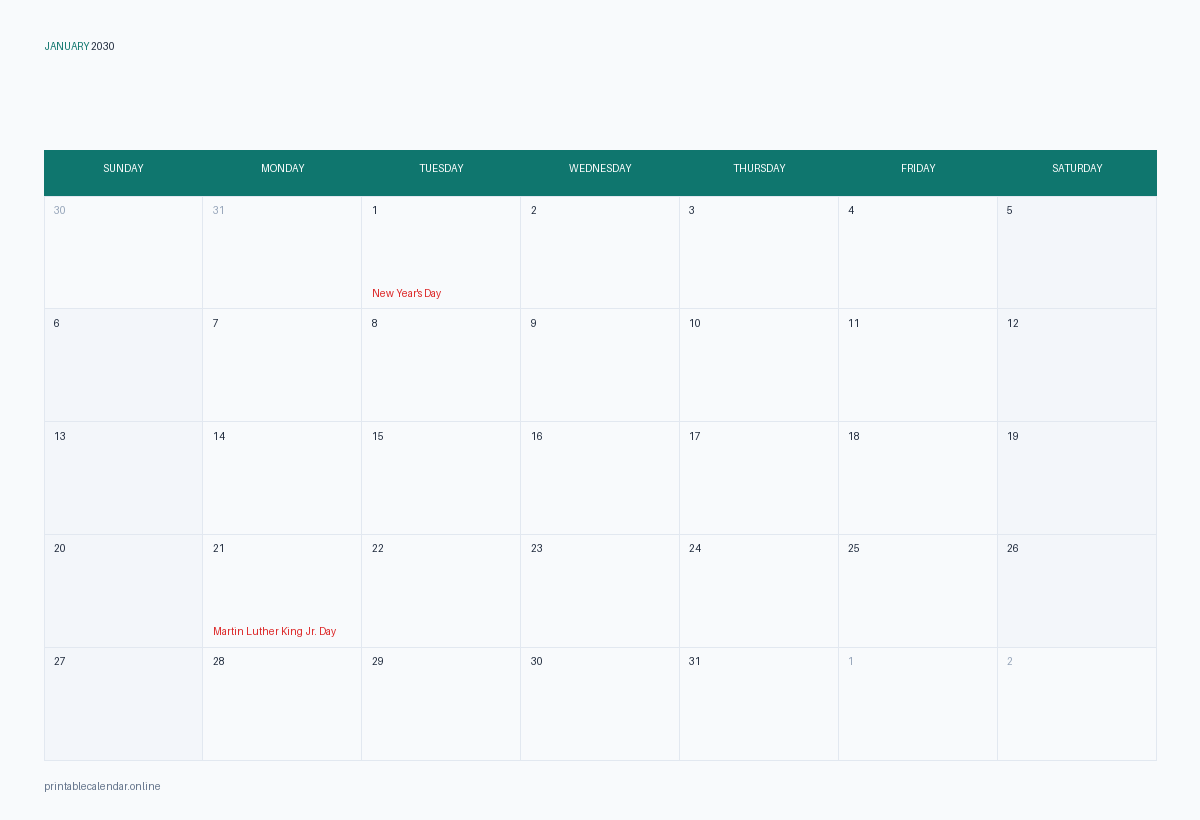 January 2030 calendar with US holidays, printable
