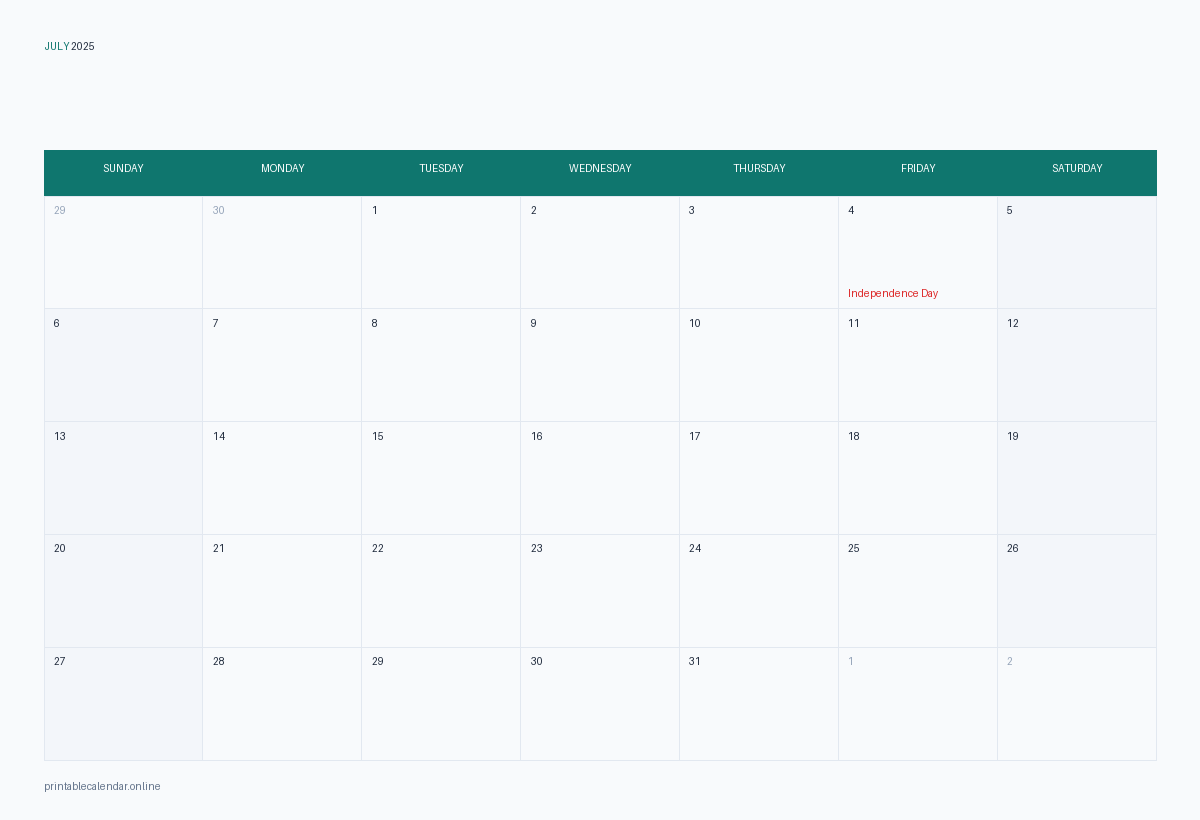 July 2025 calendar with US holidays, printable