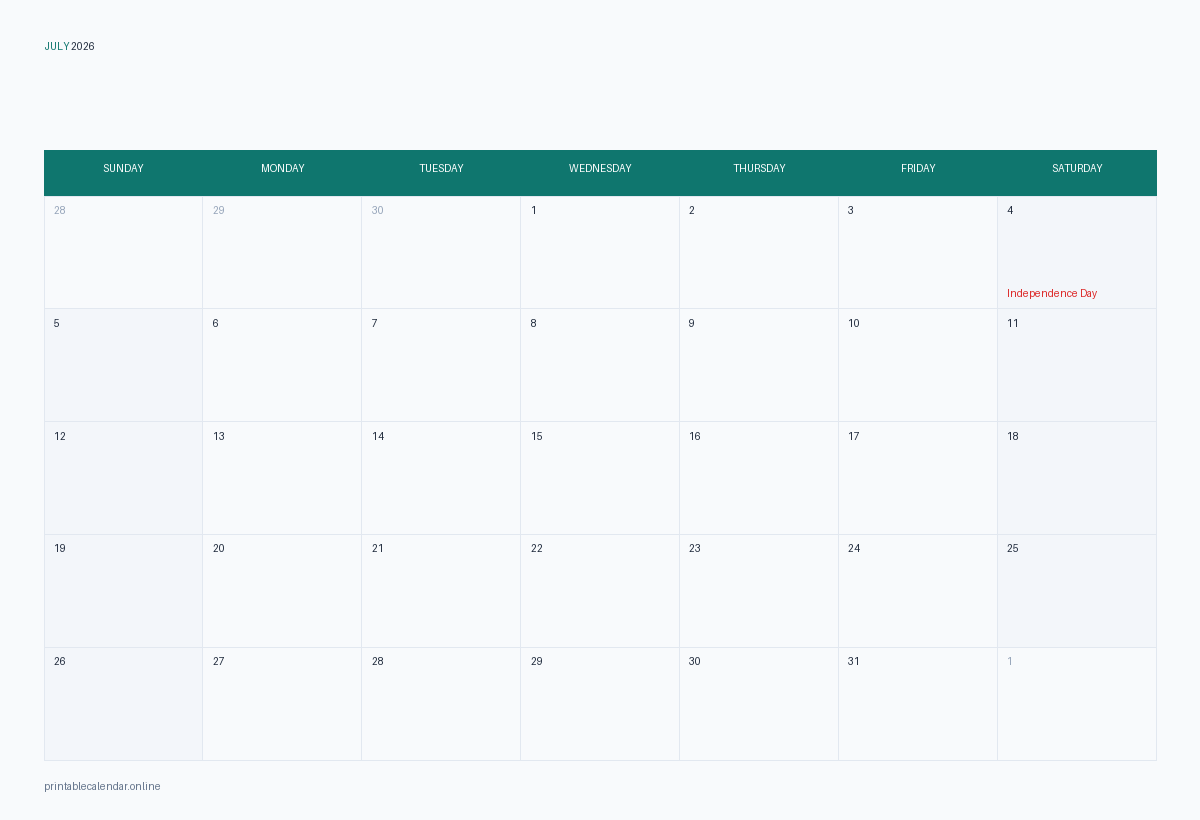 July 2026 calendar with US holidays, printable