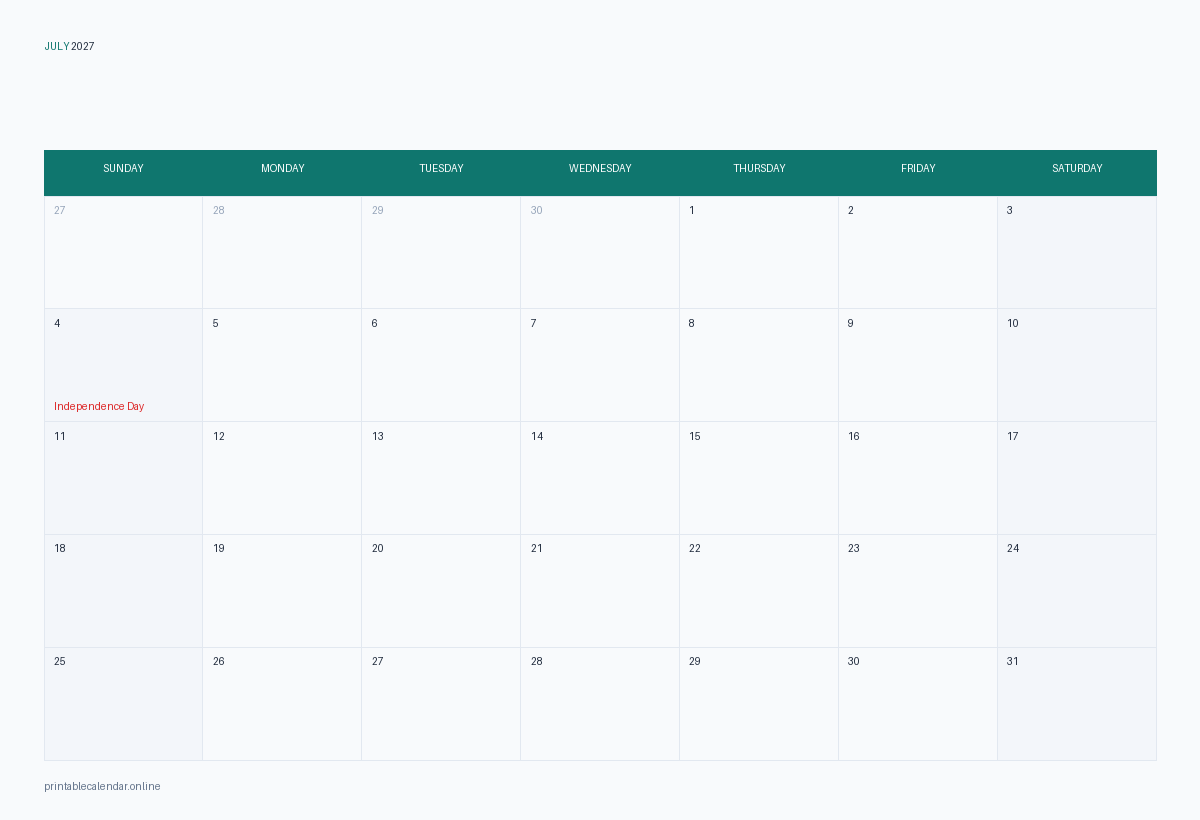 July 2027 calendar with US holidays, printable