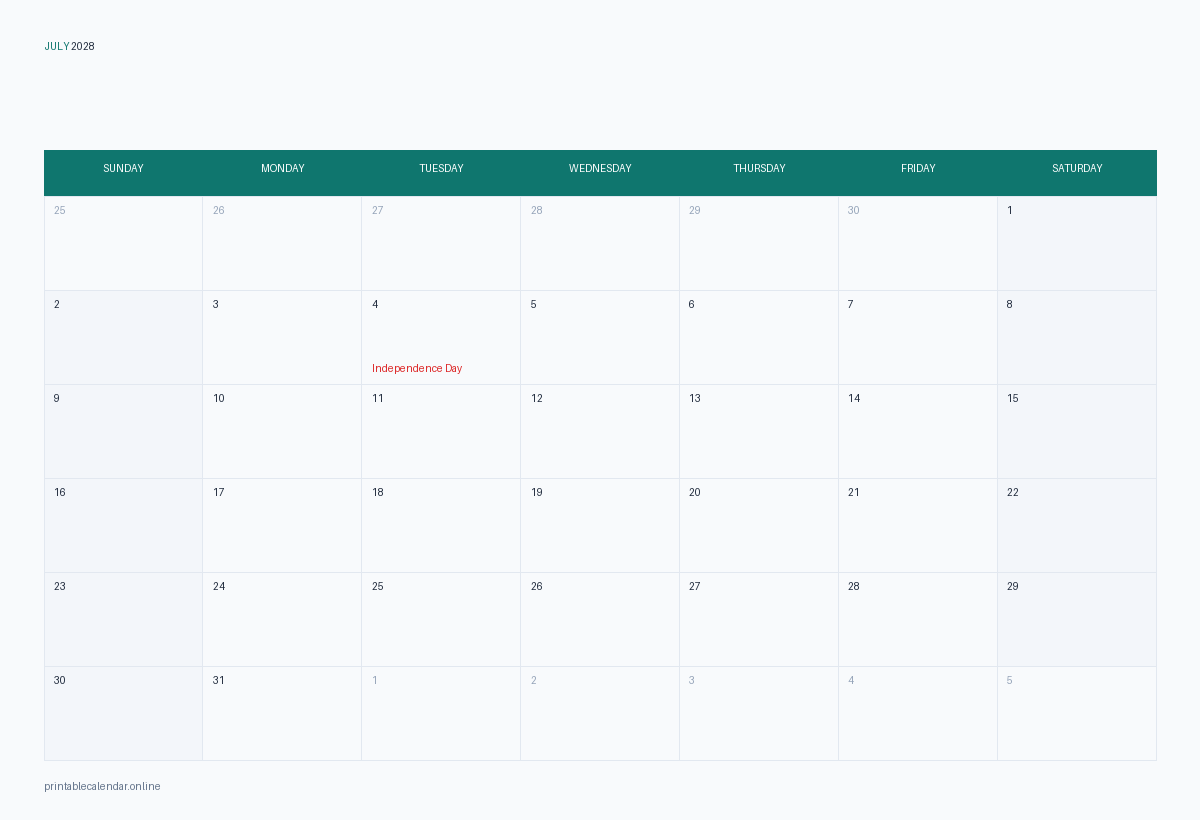 July 2028 calendar with US holidays, printable
