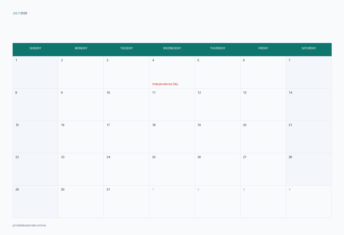 July 2029 calendar with US holidays, printable