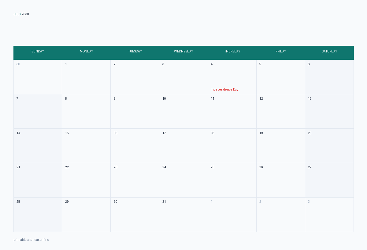 July 2030 calendar with US holidays, printable