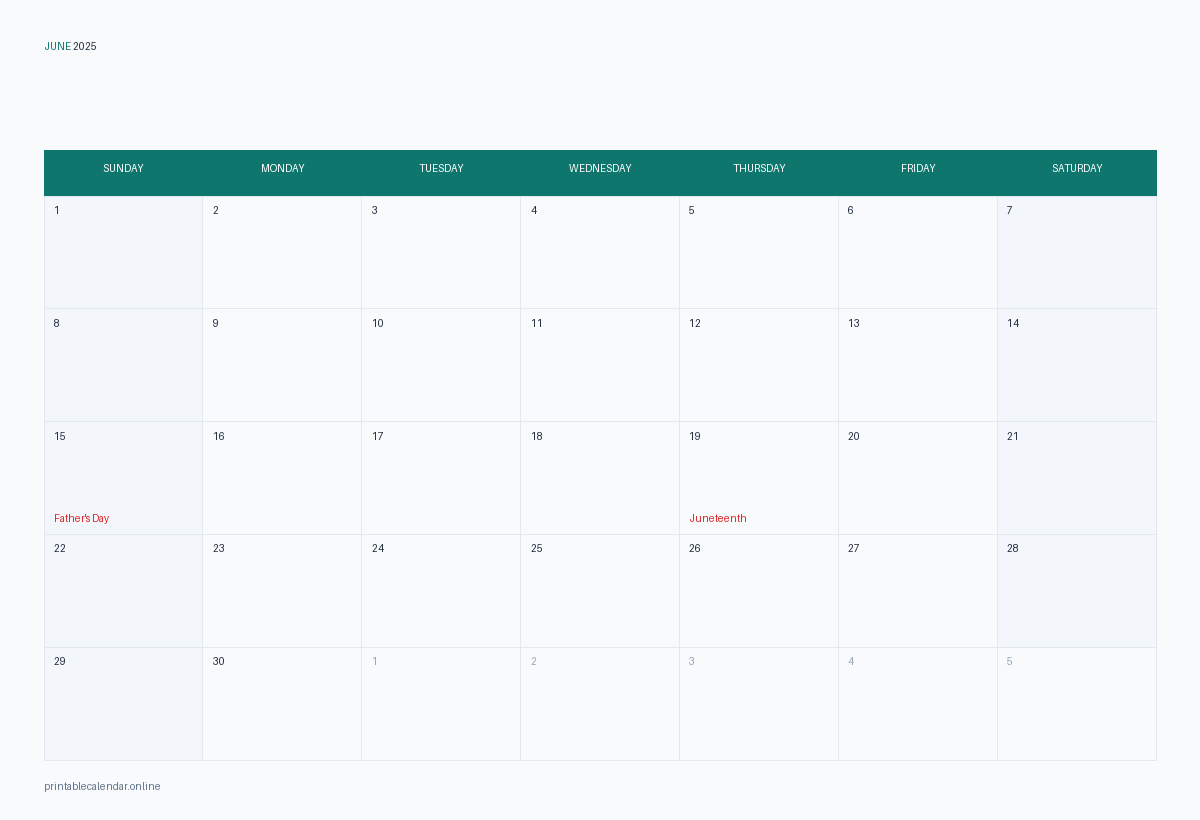 June 2025 calendar with US holidays, printable