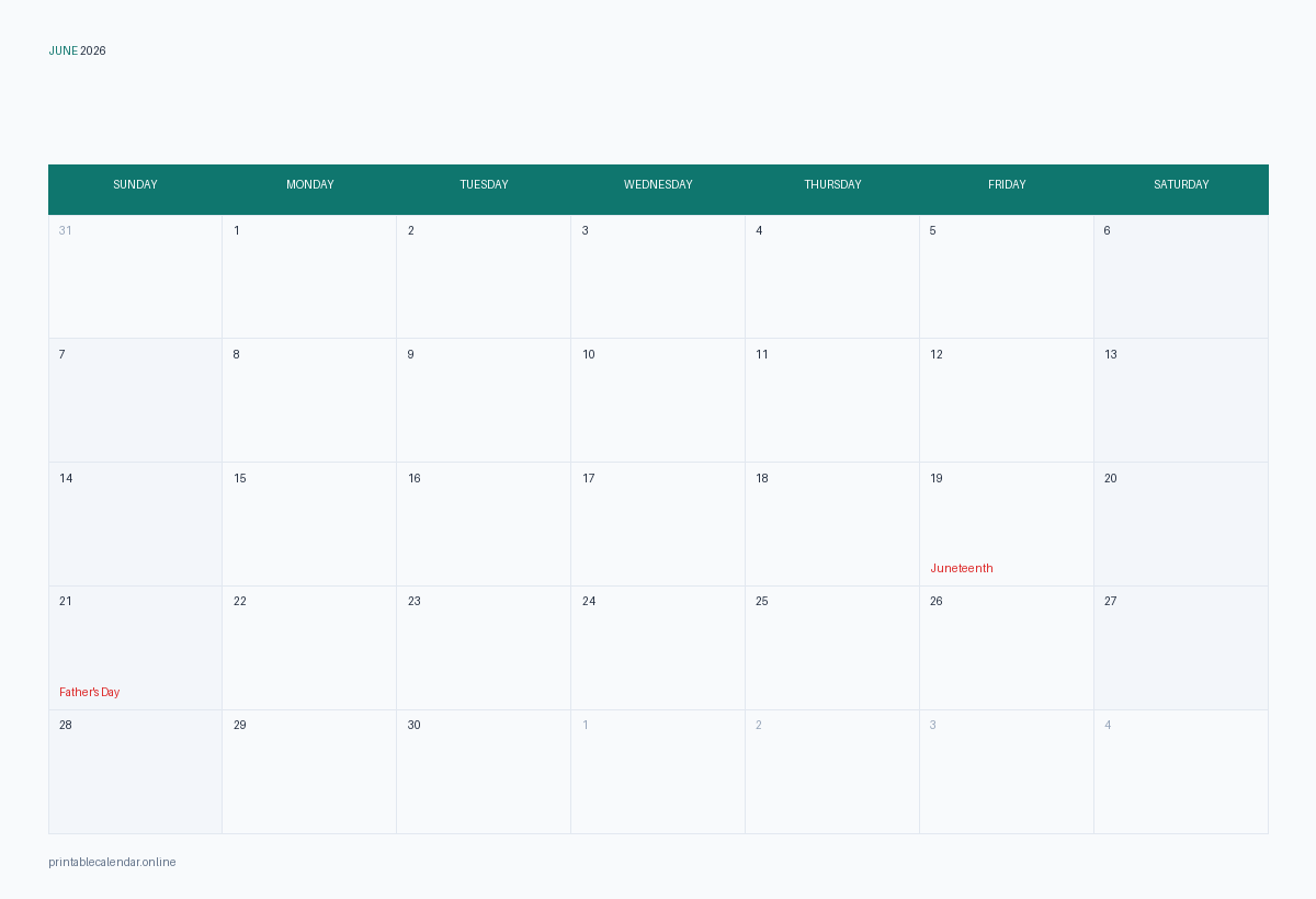 June 2026 calendar with US holidays, printable
