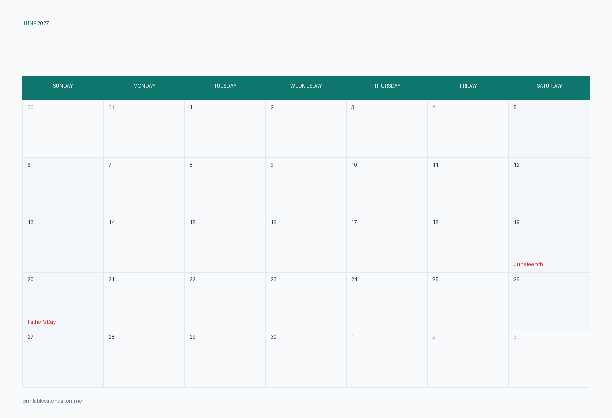 June 2027 calendar with US holidays, printable