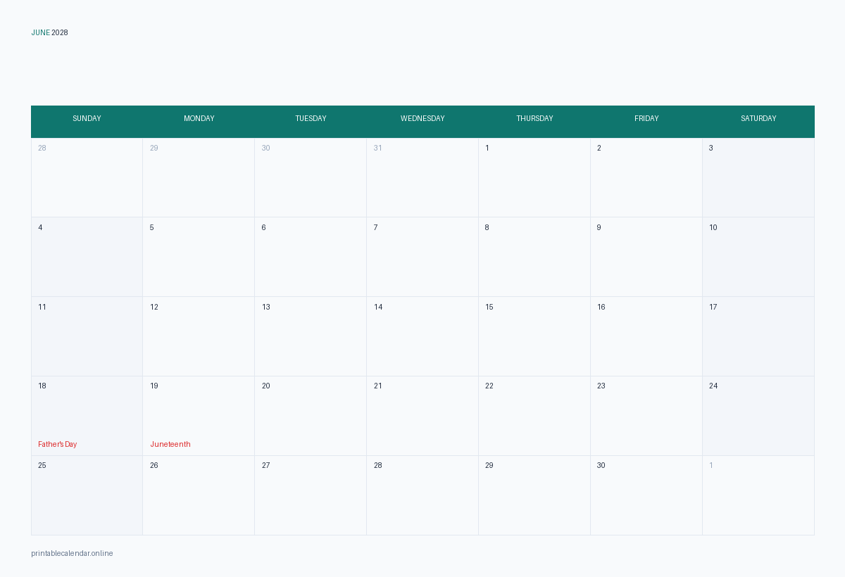 June 2028 calendar with US holidays, printable