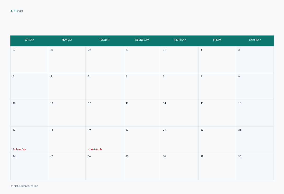 June 2029 calendar with US holidays, printable