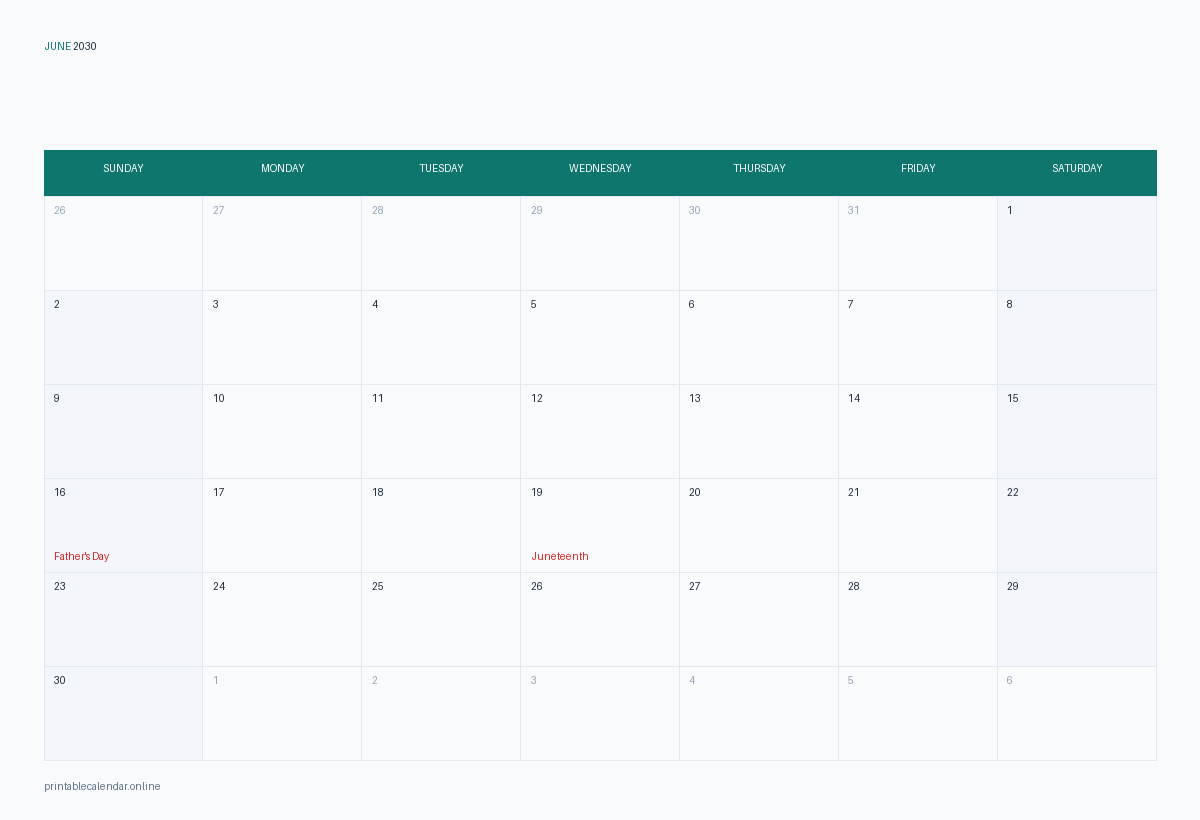 June 2030 calendar with US holidays, printable