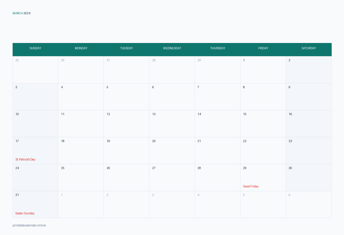 March 2024 calendar with US holidays, printable
