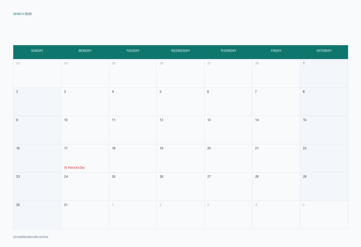 March 2025 calendar with US holidays, printable